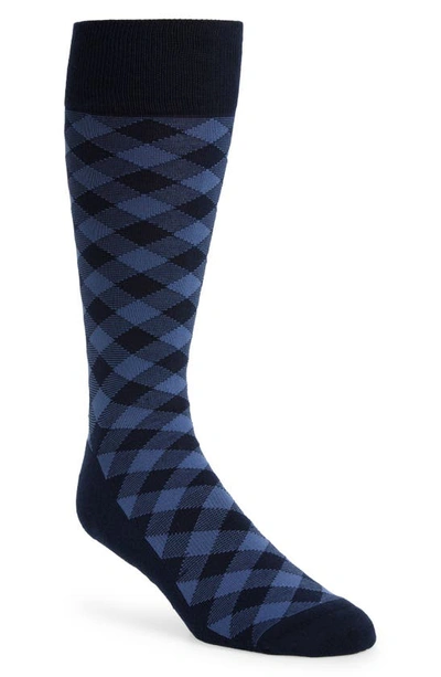 Nordstrom Cushion Foot Dress Socks In Navy- Light Blue Check