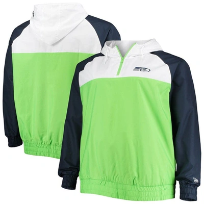 New Era Men's  Neon Green, College Navy Seattle Seahawks Big And Tall League Raglan Quarter-zip Hoodi In Neon Green,college Navy