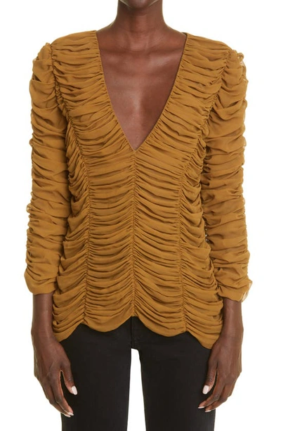 Khaite V-neck Ruched Silk Blouse In Brown