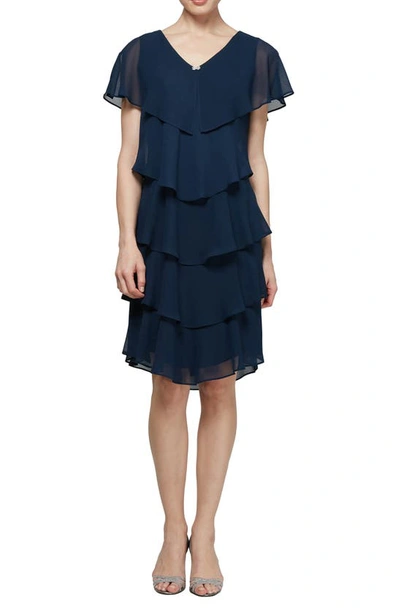 Sl Fashions Georgette Ruffle Tiered Dress In Navy