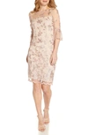 Adrianna Papell Embroidered Illusion Sheath Dress In Champagne Multi