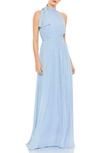Ieena For Mac Duggal High Neck Ruched Chiffon A-line Gown In Powder Blue
