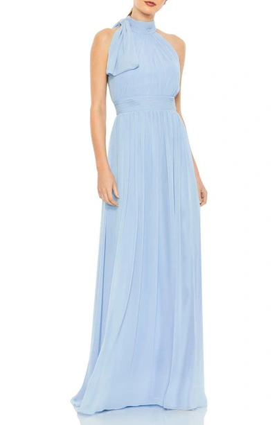 Mac Duggal High Neck Ruched Chiffon A-line Gown In Powder Blue