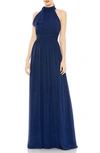 Ieena For Mac Duggal High Neck Ruched Chiffon A-line Gown In Midnight