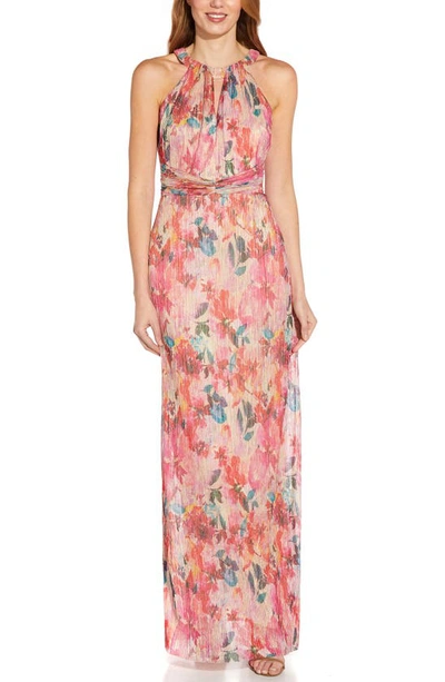 Adrianna Papell Floral Metallic Pleated Halter Gown In Alabaster Multi