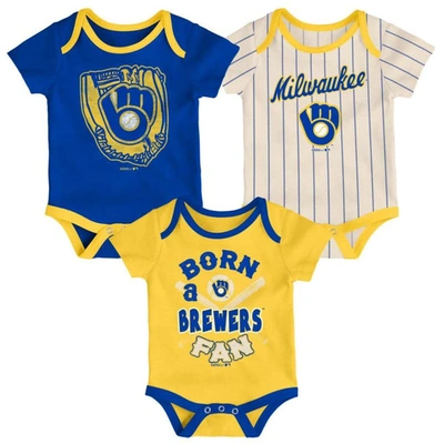 Outerstuff Babies' Unisex Newborn Infant Royal And Gold And Cream Milwaukee Brewers Three-pack Number One Bodysuit In Royal,gold,cream