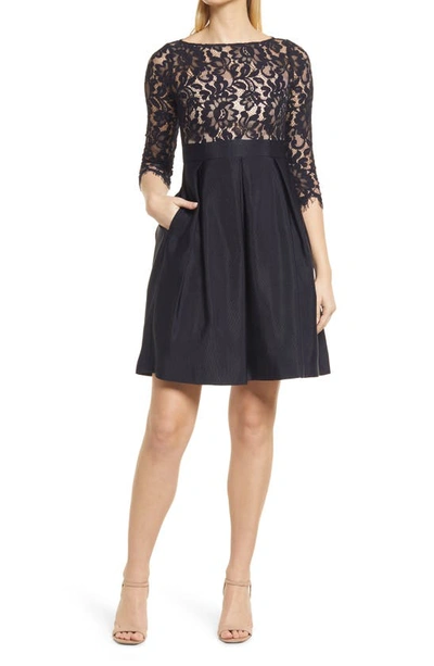 eliza j lace bodice dress Eliza J Lace Bodice Fit & Flare Dress In Navy