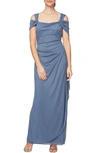 Alex Evenings Cold Shoulder Ruffle Glitter Gown In Dusty Blue