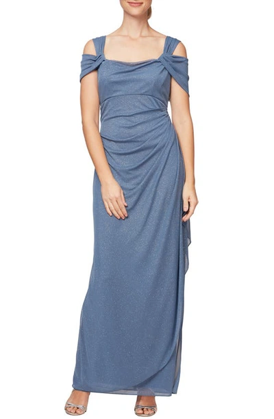 Alex Evenings Cold Shoulder Ruffle Glitter Gown In Dusty Blue