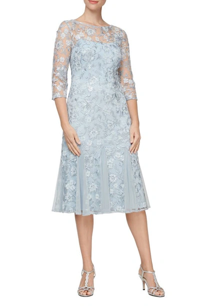 Alex Evenings Midi Length Embroidered Fit And Flare Dress In Light Blue