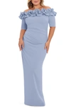 Xscape Ruffle Off The Shoulder Sheath Dress In Sky Blue