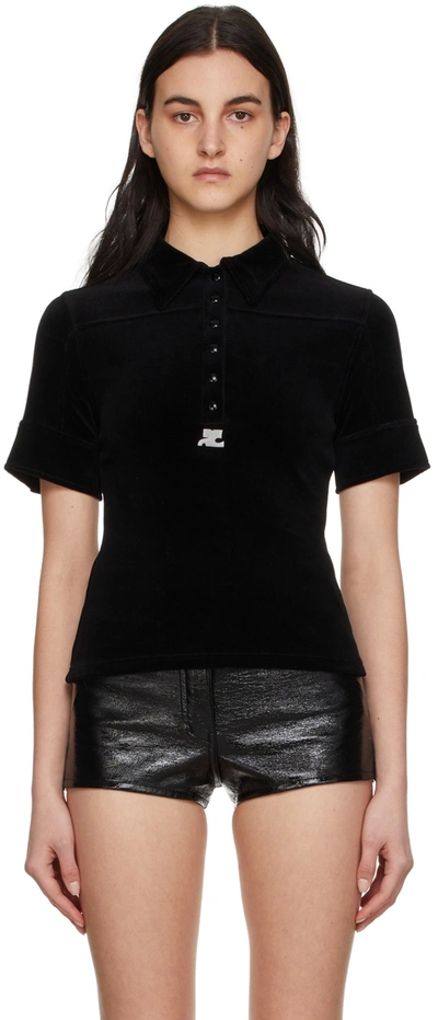 Courrges Logo-embroidered Cotton-blend Polo Top In Black