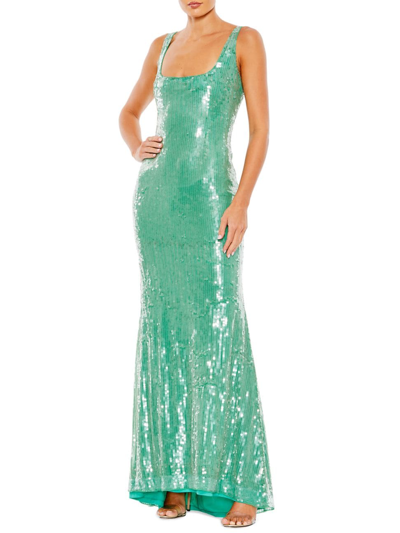 Mac Duggal Sequined Sleeveless Square Neck Column Gown In Jade Green