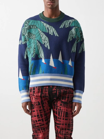 Palm Angels Sailing Boat-jacquard Cotton Sweater In Blue
