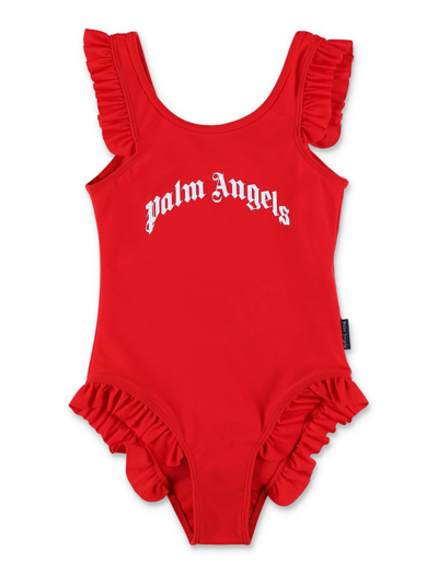 Palm Angels Kids' Logo-print Ruffle-cuff Swimsuit In Red