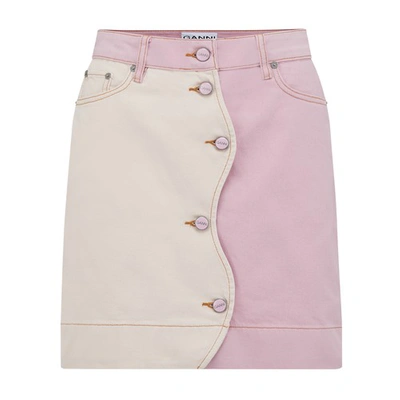Ganni Two-tone Organic Cotton Denim Miniskirt In Light Pink