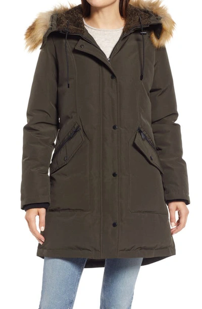 Sam Edelman Hooded Down & Feather Fill Parka With Faux Fur Trim In Loden
