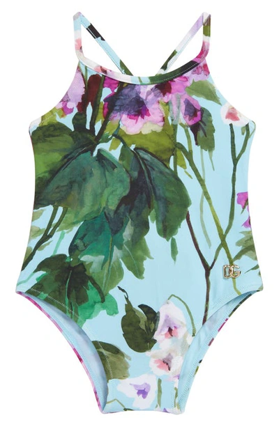Dolce & Gabbana Babies' Floral Print One-piece Swimsuit In Blue Floral