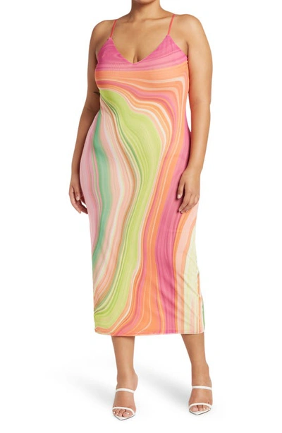Afrm Amina Print Power Mesh Midi Slipdress In Abstract Spring Wave