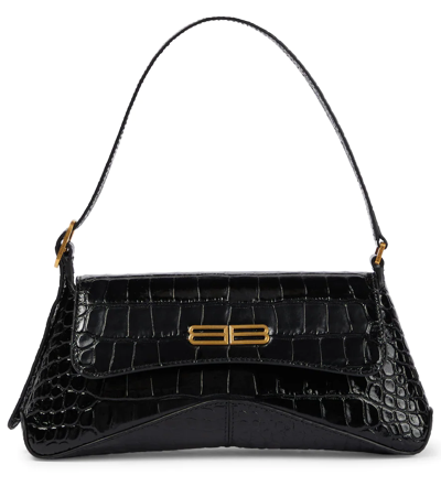 Balenciaga Bb-plaque Crocodile-effect Leather Shoulder Bag In Black