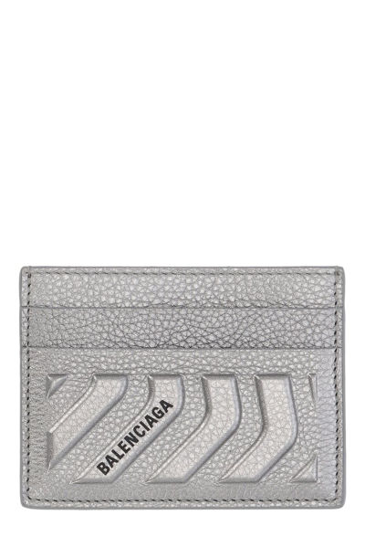 Balenciaga Men's Embossed Leather Logo Card Holder In Silver
