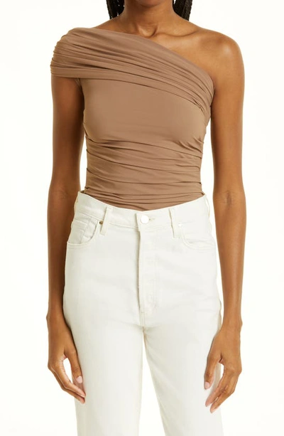 Goldsign The Ayers Ruched One-shoulder Bodysuit In Tan