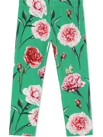 Dolce & Gabbana Kids' Floral-print Cotton-blend Leggings In Green