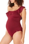 Cache Coeur Bloom One-shoulder One-piece Maternity Swimsuit In Burgundy