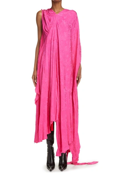 Balenciaga Floral Jacquard Logo Asymmetric One-shoulder Dress In Pink