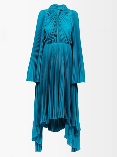 Balenciaga Knotted Drape Pleated Woven Midi Dress In Blue