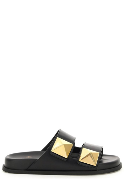 Valentino Garavani Black Rockstud Double Strap Leather Sandals In Nero