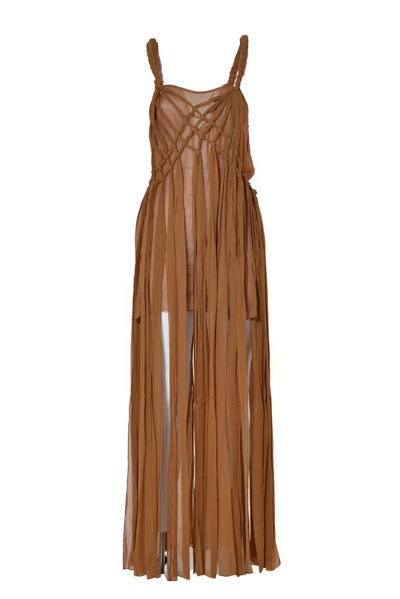 Giuseppe Di Morabito Knotted Fringe-trim Semi-sheer Dress In Cammello