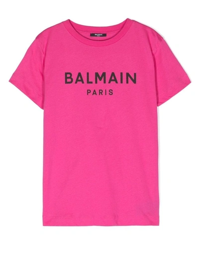 Balmain Kids' Logo-print Short-sleeve T-shirt In Fuchsia