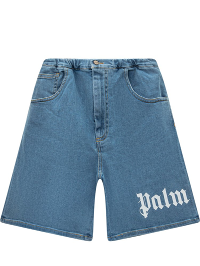 Palm Angels Kids' Logo-print High-waisted Denim Shorts In Blue