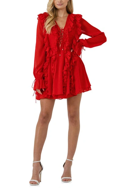 Endless Rose Ruffle Tie Front Long Sleeve Minidress In Red