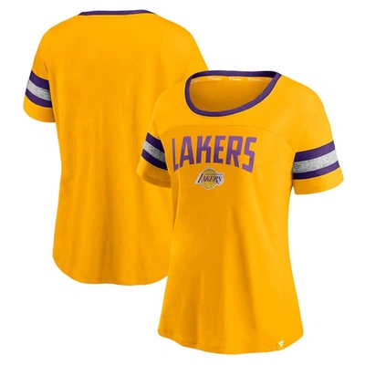 Fanatics Women's Gold-tone And Heathered Gray Los Angeles Lakers Block Party Striped Sleeve T-shirt In Gold-tone,heathered Gray