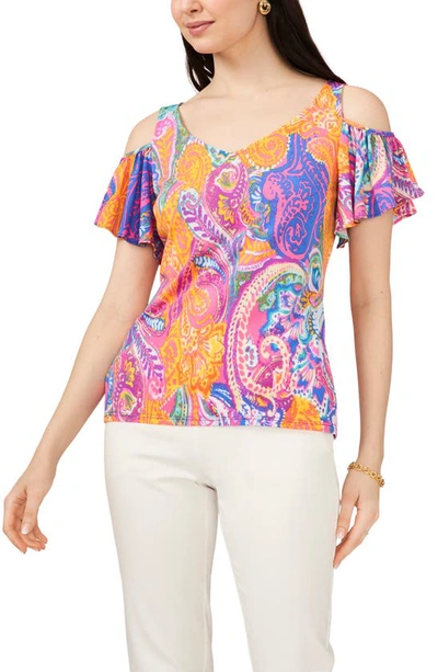 Chaus V-neck Cold Shoulder Top In Pink/ Orange/ Violet