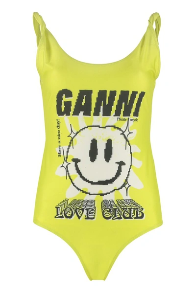 Ganni Recycled Graphic One-piece Swimsuit In Yellow