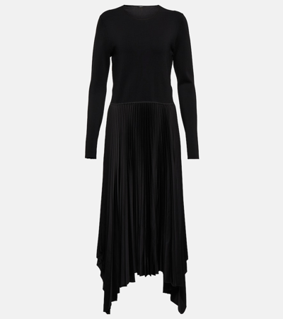 Joseph Deron Pleated Stretch-knit And Crepe Midi Dress In Black