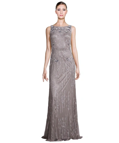 Theia Metallic Sleeveless Sequin Beaded Gown In Grey