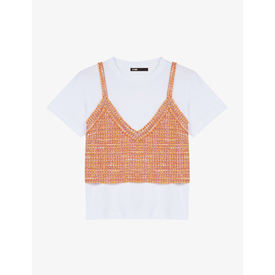 Maje Trompe L Oeil Jersey And Tweed T-shirt In Orange