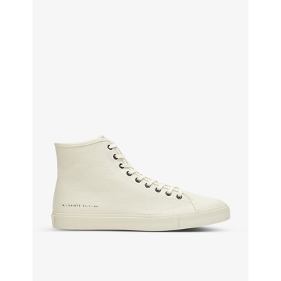 Allsaints Bryce Logo-print Cotton-canvas High-top Trainers In Off White