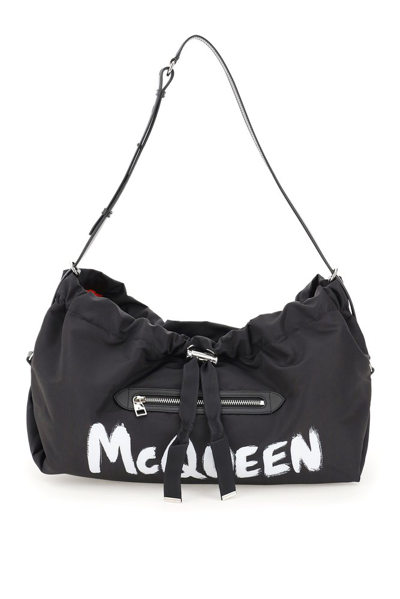Alexander Mcqueen Graffiti Logo Printed Shoulder Bag In Black