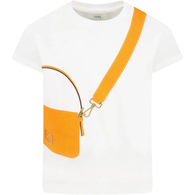 Fendi Kids' White T-shirt For Girl With Orange Bag In Bianco