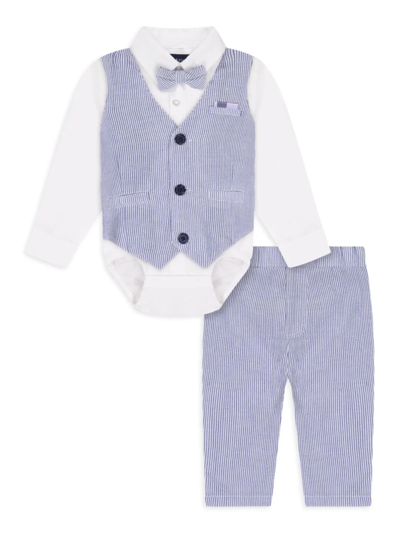 Andy & Evan Babies' Seersucker Bodysuit, Waistcoat, Trousers & Bowtie Set In Blue White