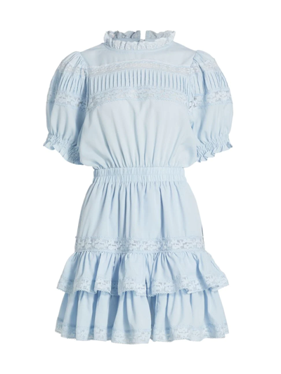 Stellah Lace Trim Short Sleeve Mini Dress In Blue