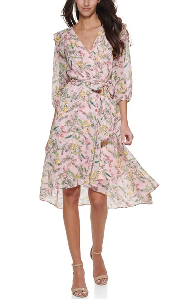 Tommy Hilfiger Printed Balloon-sleeve Faux-wrap Dress In Pink