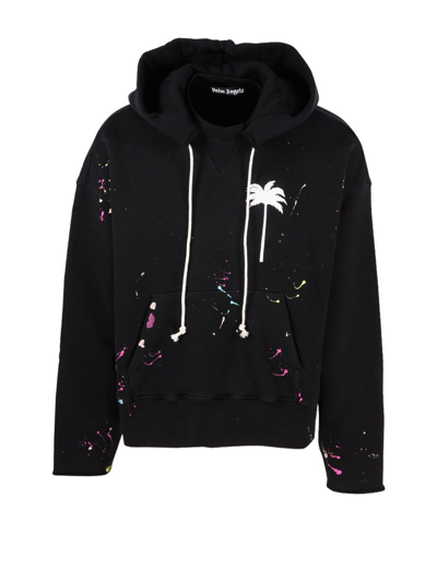 Palm Angels Palm-print Paint-splatter Effect Hoodie In Black