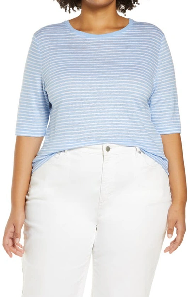 Vince Stripe Crewneck Slub Jersey T-shirt In Light Cerulean/optic Wh