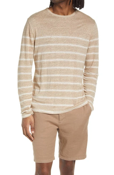 Vince Stripe Crewneck Linen Sweater In Desert Sand/ Optic White